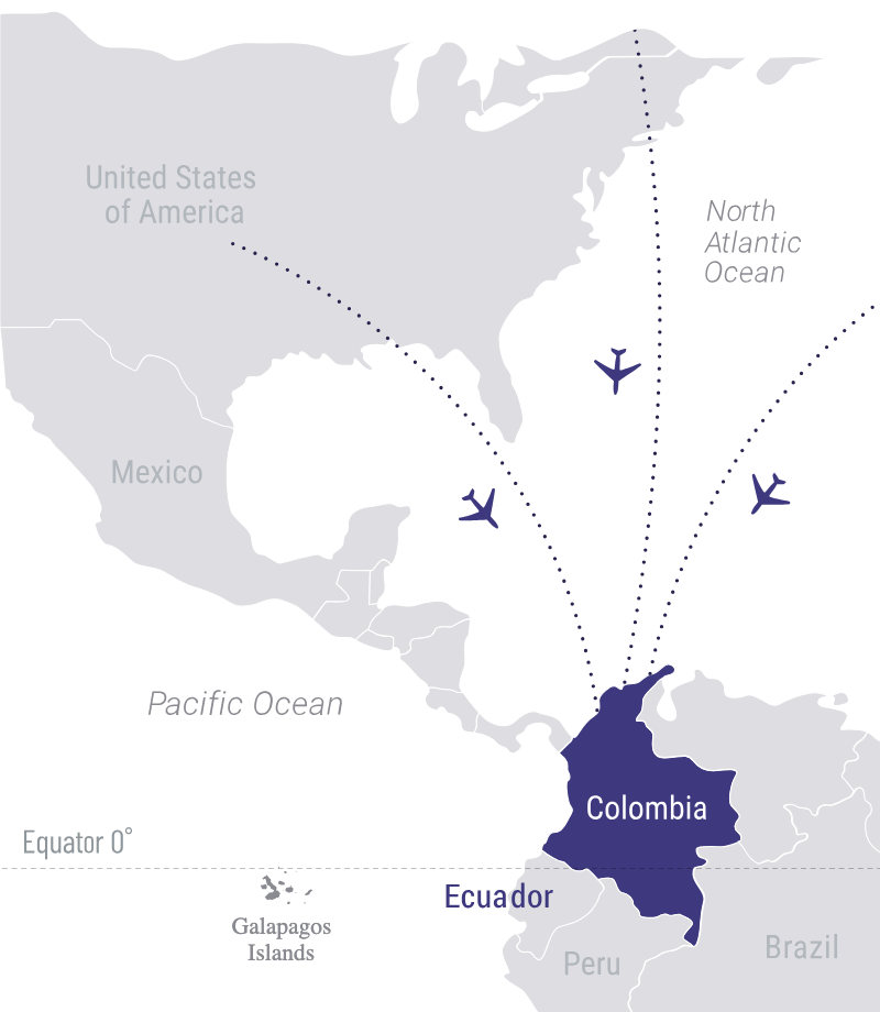 Map of international flight routes to Colombia